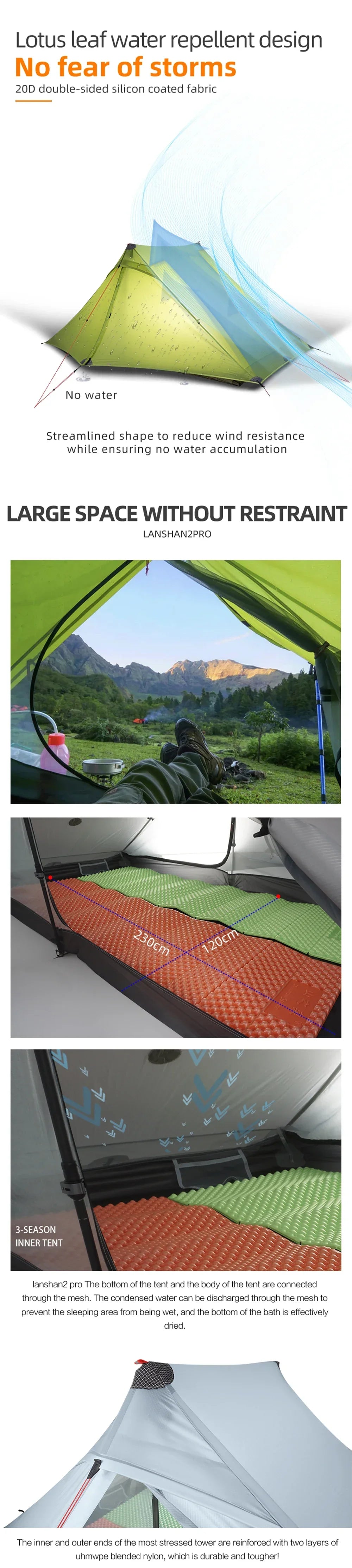 3F UL GEAR LanShan 2 Pro Tent 2 Person Outdoor Ultralight Camping Tent 3 Season Professional 20D Nylon Both Sides Silicon Tent