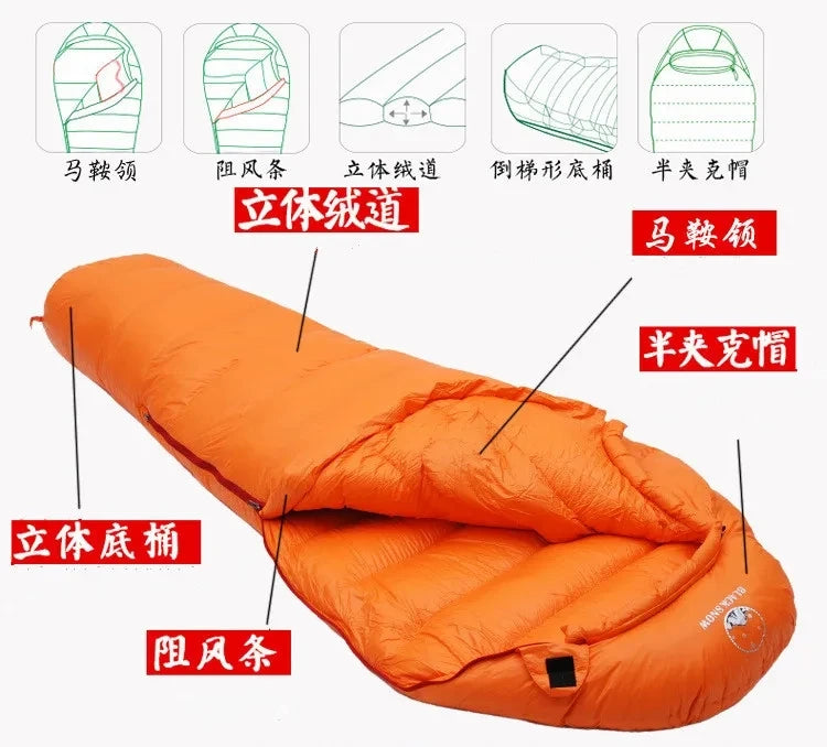 Black Snow Camping Goose Down Sleeping Bag Warm Down Filled Adult Mummy Style Sleep Bag 4 Seasons Camping Travel Sleeping Bag