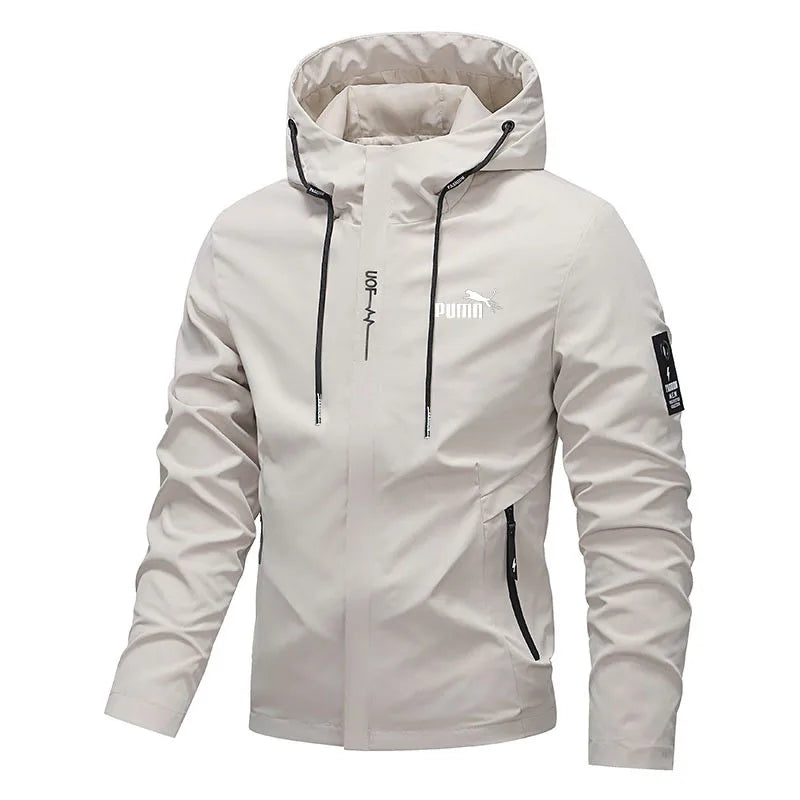 New Men's Fashion Printed Hooded Windbreaker Outdoor Sports Hiking Zipper Jacket Casual Long Sleeve Outerwear