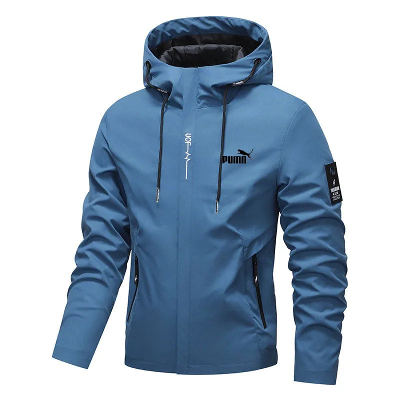 New Men's Fashion Printed Hooded Windbreaker Outdoor Sports Hiking Zipper Jacket Casual Long Sleeve Outerwear