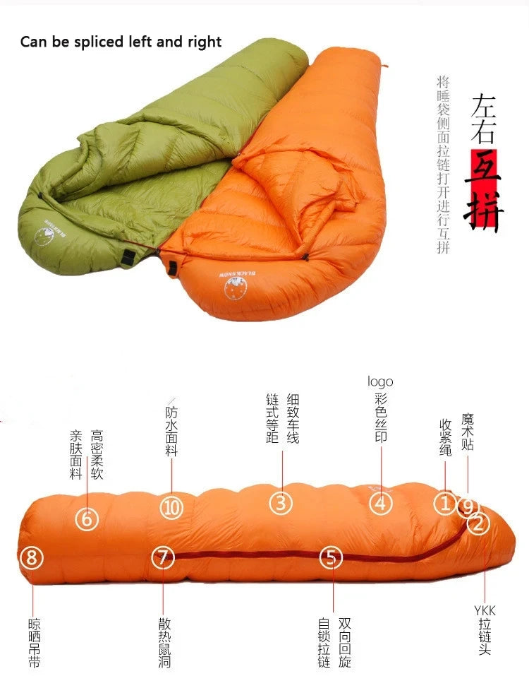 Black Snow Camping Goose Down Sleeping Bag Warm Down Filled Adult Mummy Style Sleep Bag 4 Seasons Camping Travel Sleeping Bag
