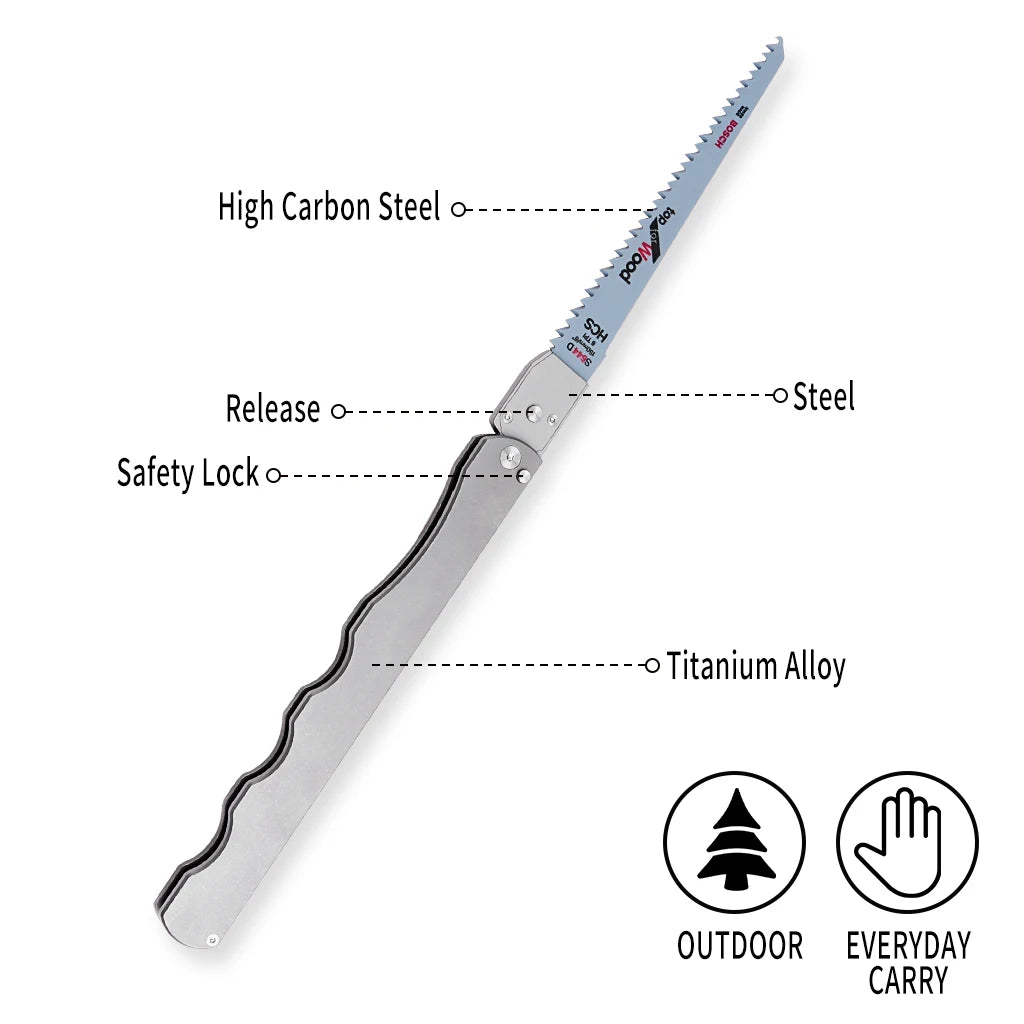 Safety Lock Folding Pocket Saw,6.8" Titanium Handle,High Carbon Steel Blade