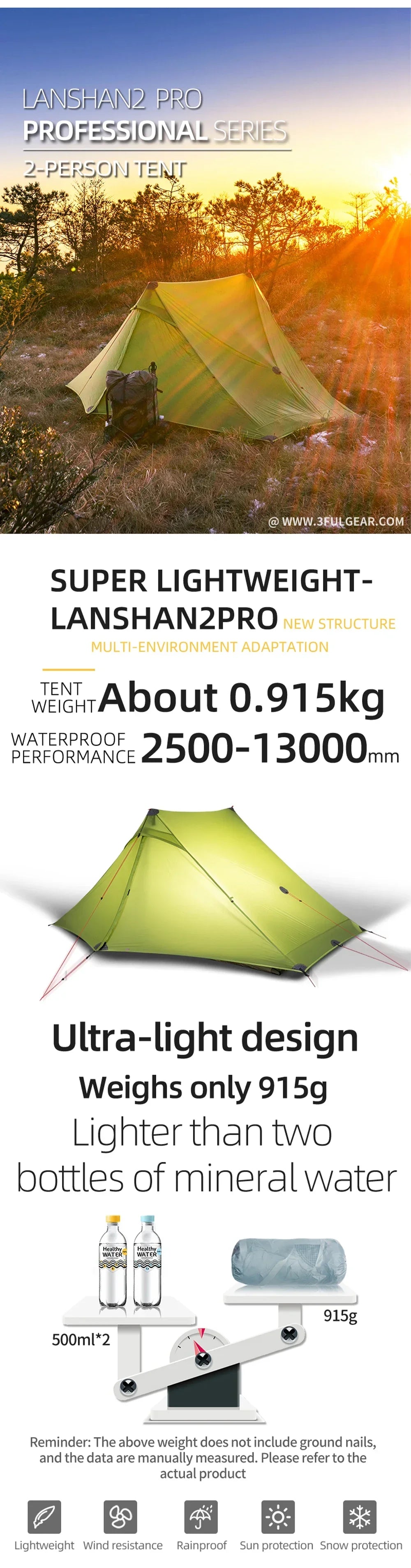 3F UL GEAR LanShan 2 Pro Tent 2 Person Outdoor Ultralight Camping Tent 3 Season Professional 20D Nylon Both Sides Silicon Tent