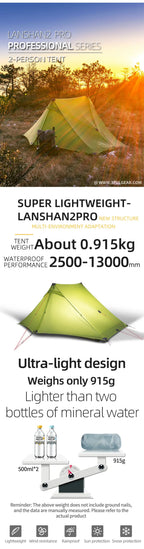 3F UL GEAR LanShan 2 Pro Tent 2 Person Outdoor Ultralight Camping Tent 3 Season Professional 20D Nylon Both Sides Silicon Tent