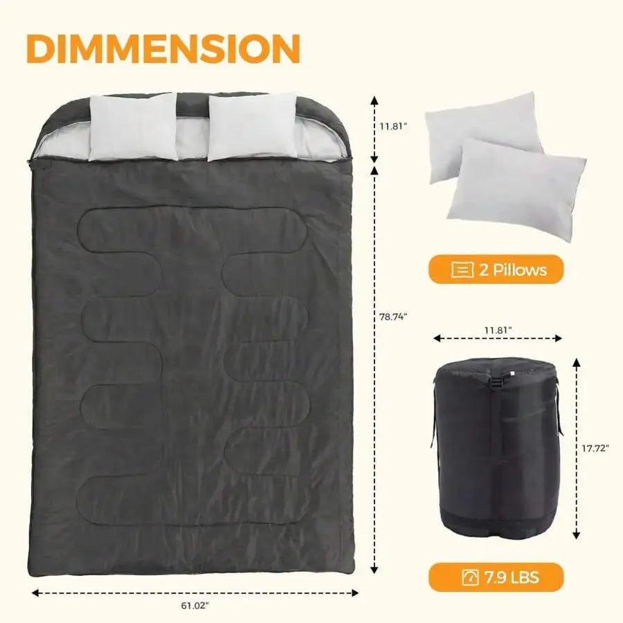 Adult Double Sleeping Bag With Pillow Warm Lightweight Portable Camping Gear