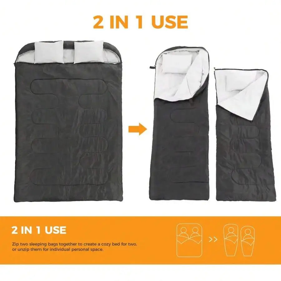 Adult Double Sleeping Bag With Pillow Warm Lightweight Portable Camping Gear