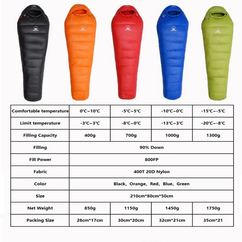 Black Snow Camping Goose Down Sleeping Bag Warm Down Filled Adult Mummy Style Sleep Bag 4 Seasons Camping Travel Sleeping Bag