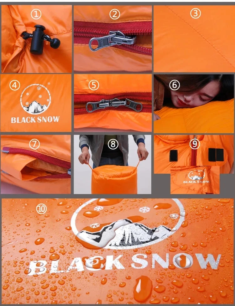 Black Snow Camping Goose Down Sleeping Bag Warm Down Filled Adult Mummy Style Sleep Bag 4 Seasons Camping Travel Sleeping Bag
